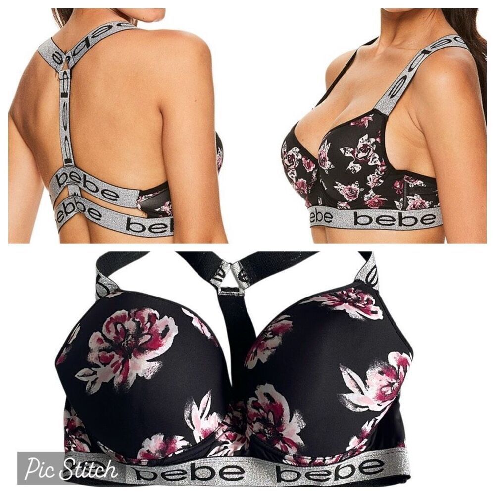EUC! Bebe Sport Black Floral Push Up Padded Sports Bra w/ Silver Cage Racerback